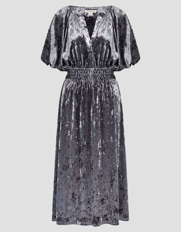 Monsoon Valle Puff Sleeve Velvet Midi Dress Grey - Image 5