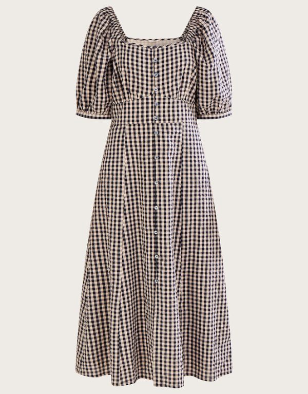 Monsoon Check Print Button Through Midi Dress Brown - Image 4