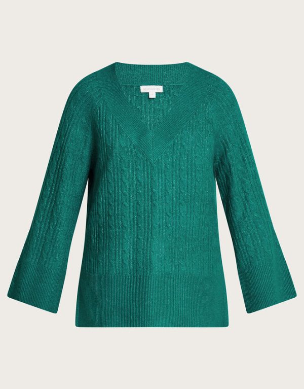 Monsoon V-Neck Cable Longline Jumper Green - Image 5