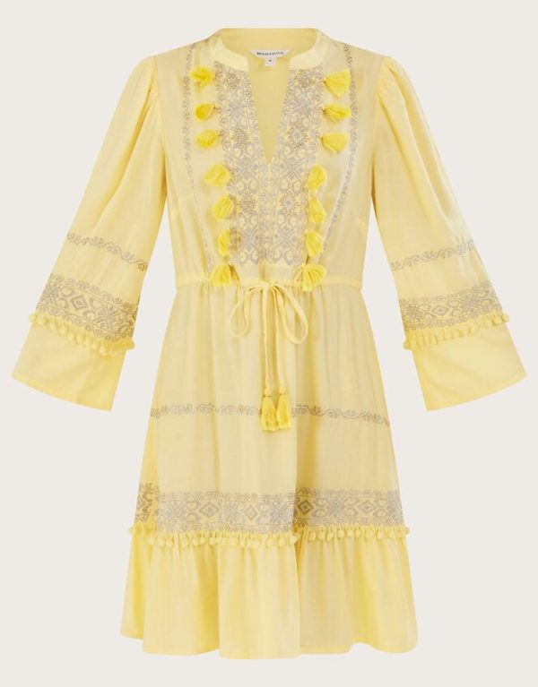 Monsoon Embroidered Pom-Pom Kaftan Dress Yellow - Image 5