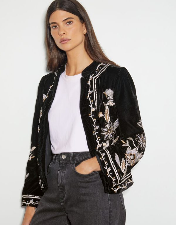 Monsoon Phoebe Embroidered Velvet Jacket Black