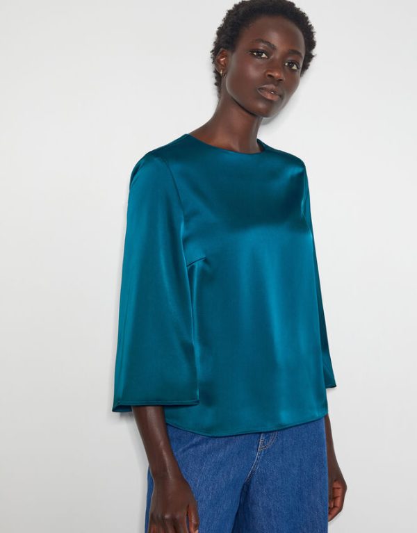 Monsoon Ingrid Bell Sleeve Satin Top Blue