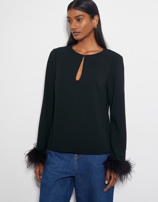 Monsoon Tiggy Long Sleeve Feather Top Black