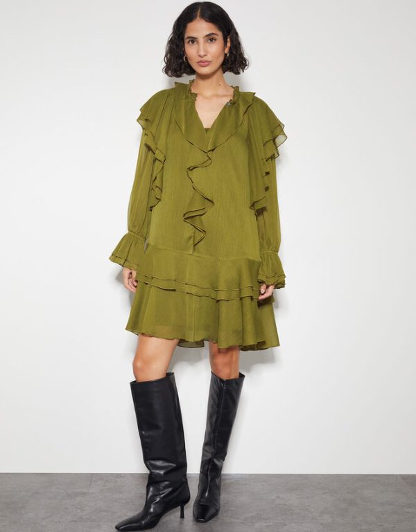 Monsoon Aria Ruffle Dress Green