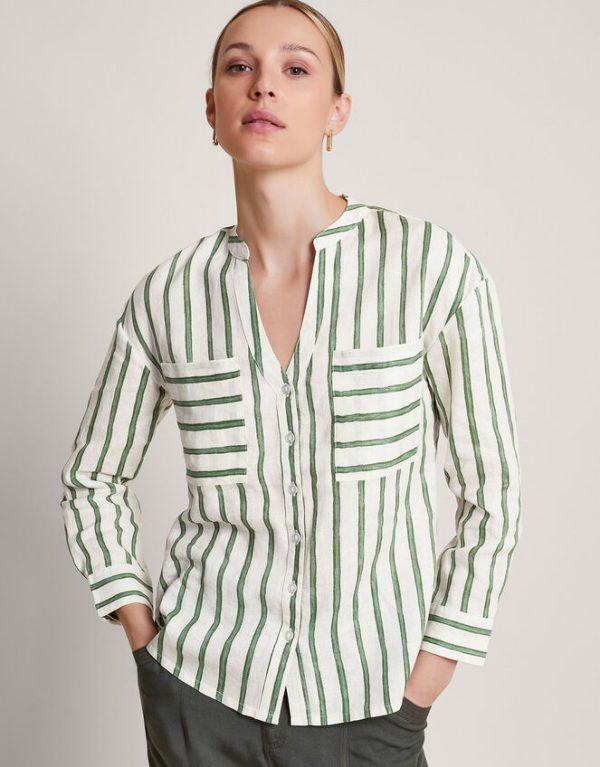 Monsoon Santana Stripe Linen Shirt Green