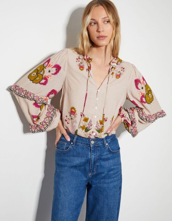 Monsoon Kara Floral Ruffle Blouse Ivory