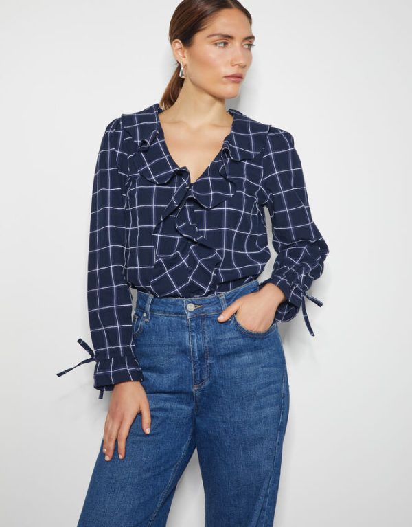 Monsoon Frankie Check Print Ruffle Blouse Blue