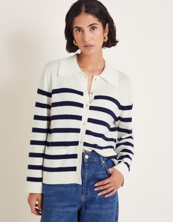 Monsoon Sybil Collar Stripe Cardigan Ivory