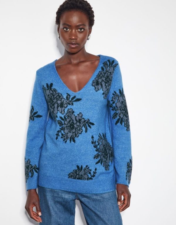 Monsoon Jess V-Neck Floral Jacquard Jumper Blue