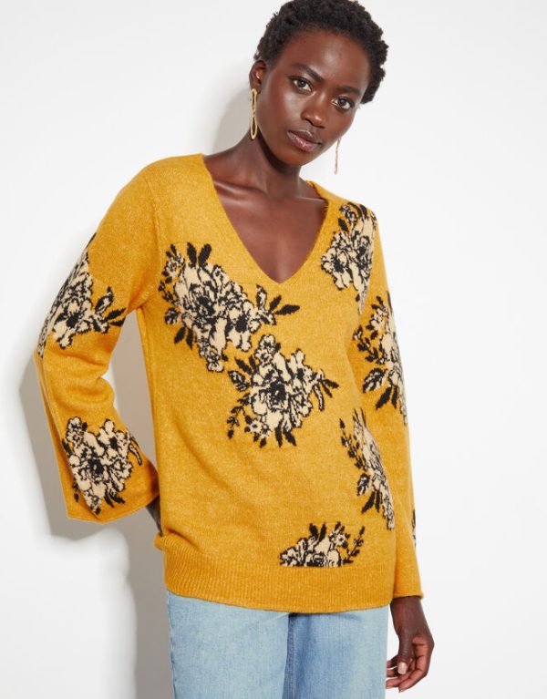 Monsoon Jess V-Neck Floral Jacquard Jumper Yellow