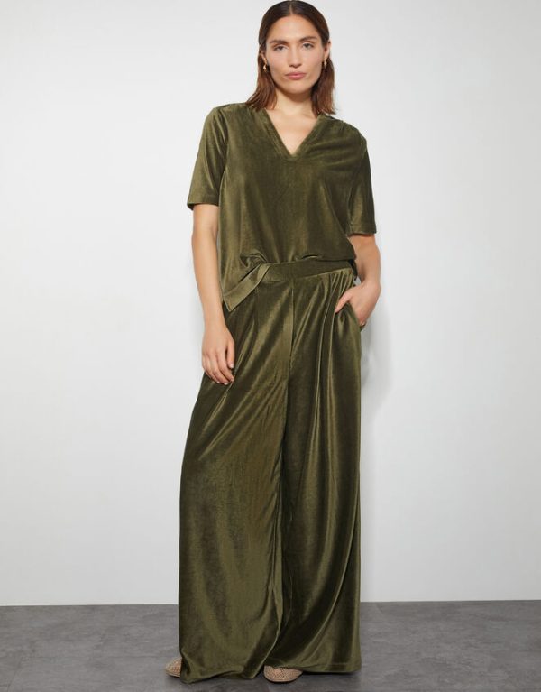 Monsoon Shay Rib Velour Wide Leg Trousers Green