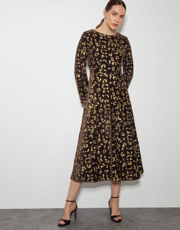 Monsoon Arwen Sequin Leopard Velvet Midi Dress Brown