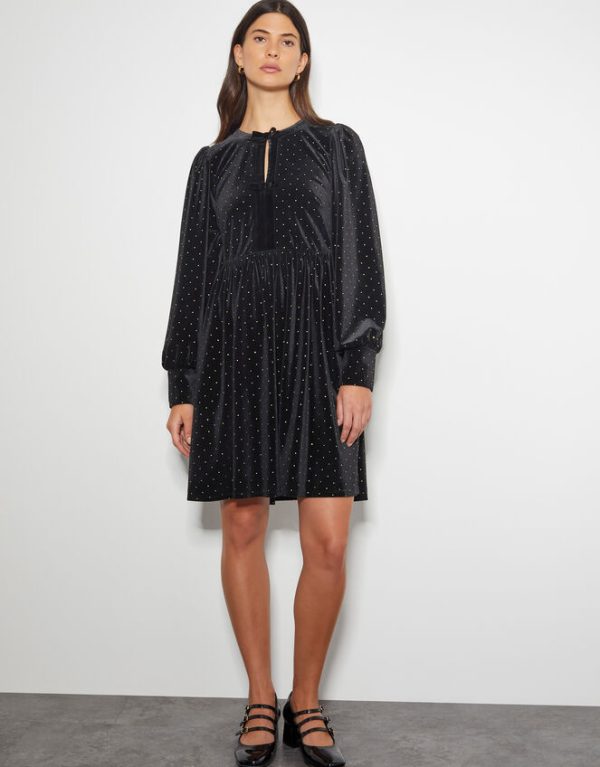 Monsoon Nora Long Sleeve Velvet Mini Dress Black