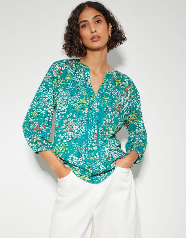 Monsoon Micola Floral Jersey Top Teal