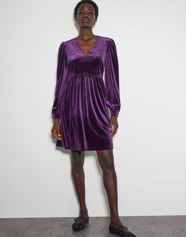 Monsoon Vali Velvet Swing Mini Dress Purple