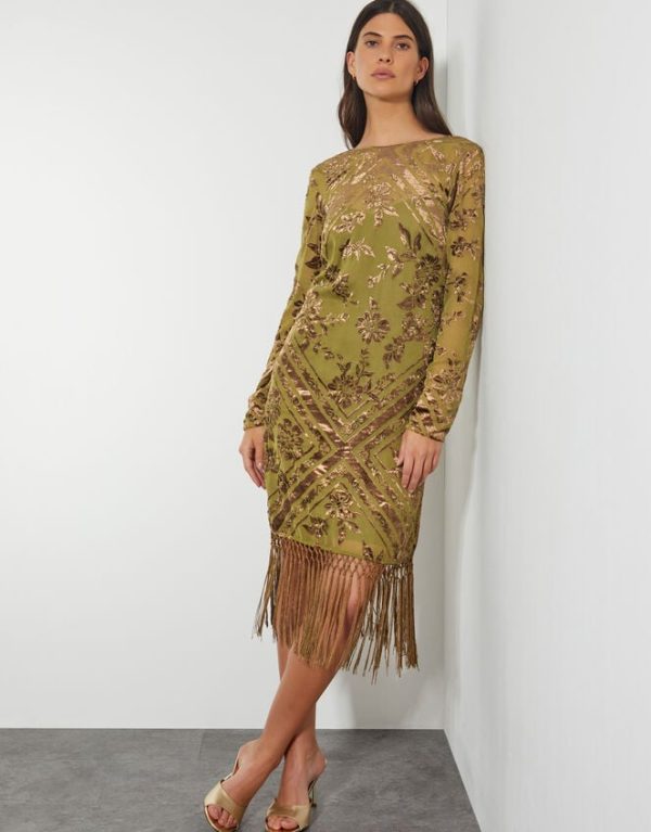 Monsoon Darcy Devore Fringe Dress Yellow