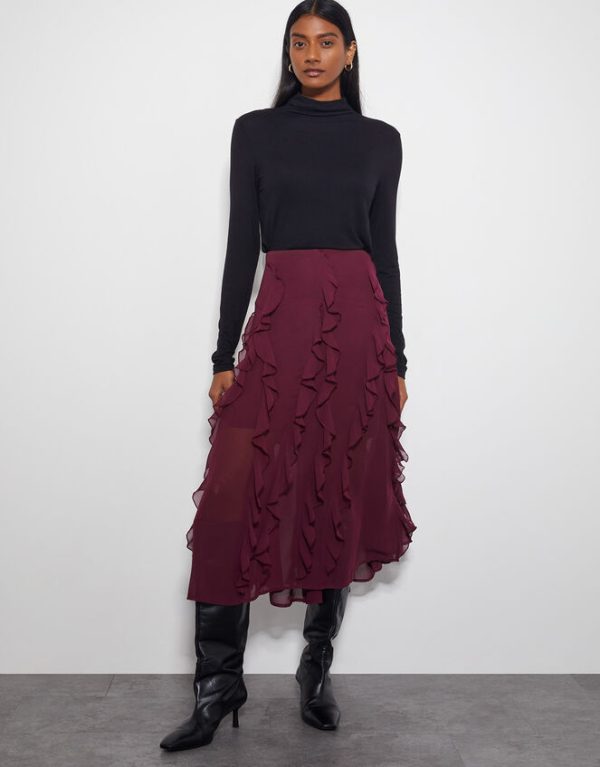 Monsoon Riley Ruffle Midi Skirt Red