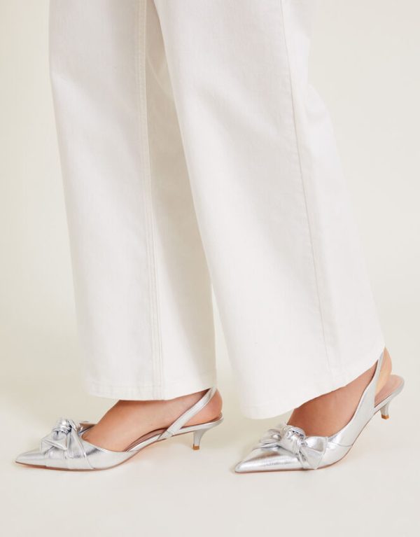 Monsoon Bronte Metallic Bow Slingback Kitten Heels Silver