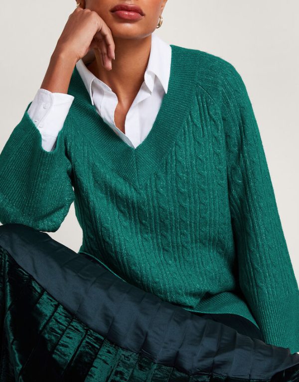 Monsoon V-Neck Cable Longline Jumper Green