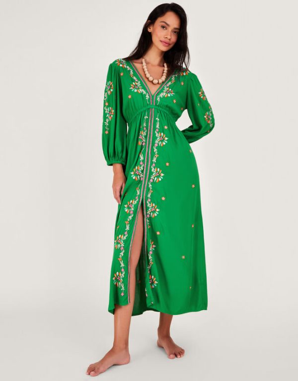 Monsoon Embroidered Maxi Kaftan Dress Green