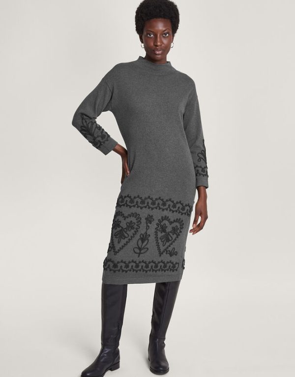 Monsoon Cornelli Embroidered Jumper Dress Grey