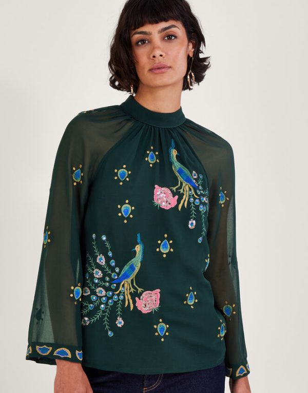 Monsoon Perla Peacock Embellished Blouse Green