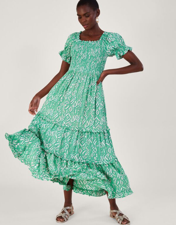 Monsoon Gigi Print Bardot Maxi Dress Green