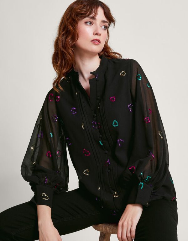 Monsoon Hope Heart Sequin Blouse Black