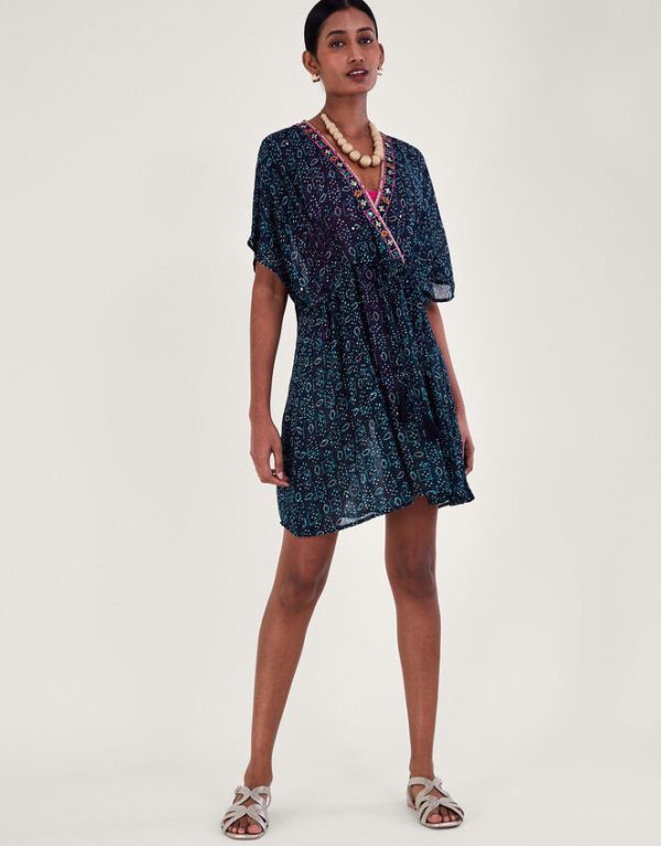 Monsoon Print Embroidered Kaftan Dress Blue