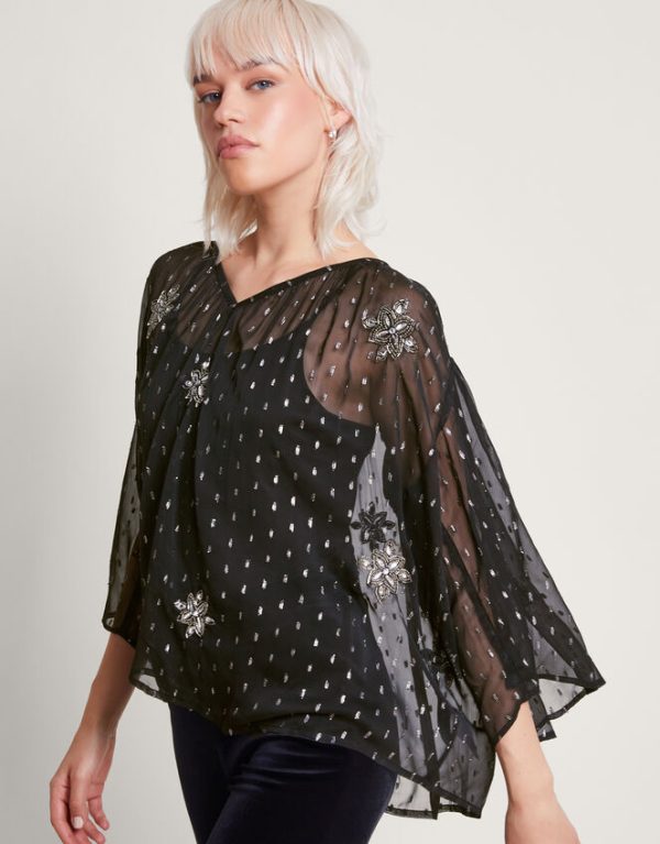 Monsoon Lydia Embellished Cape Blouse Black