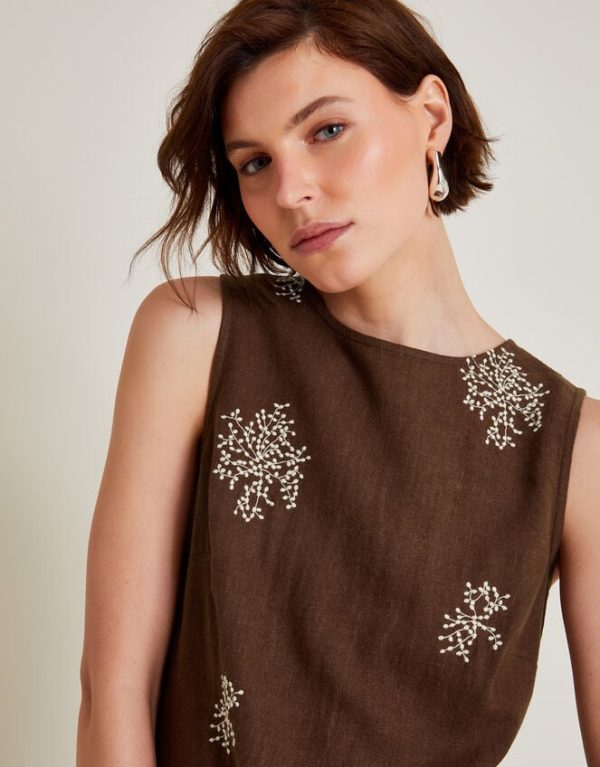 Monsoon Aria Embroidered Sleeveless Midi Dress Brown - Image 2