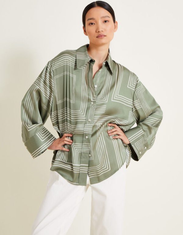 Monsoon Anica Print Satin Shirt Green - Image 2