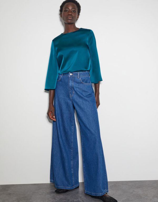 Monsoon Ingrid Bell Sleeve Satin Top Blue - Image 2