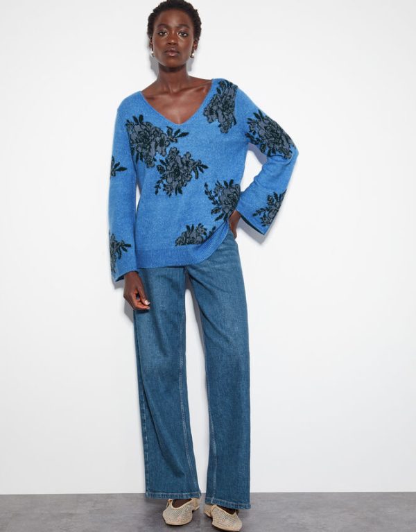 Monsoon Jess V-Neck Floral Jacquard Jumper Blue - Image 2