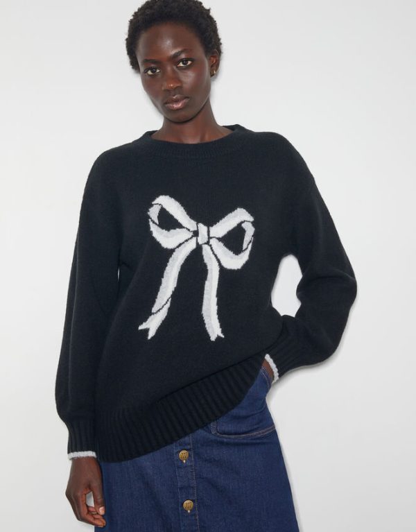 Monsoon Lou Intarsia Bow Jumper Black - Image 2