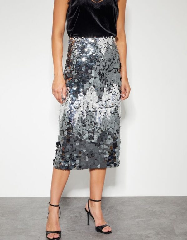 Monsoon Sia Sequin Midi Skirt Silver - Image 2