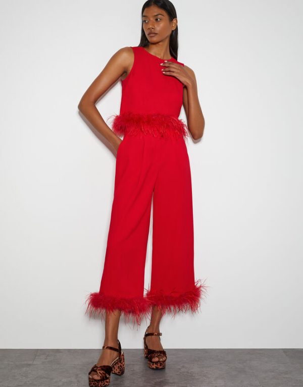 Monsoon Monsoon x Sarah Corbett-Winder Feather Trim Crop Top Red - Image 2