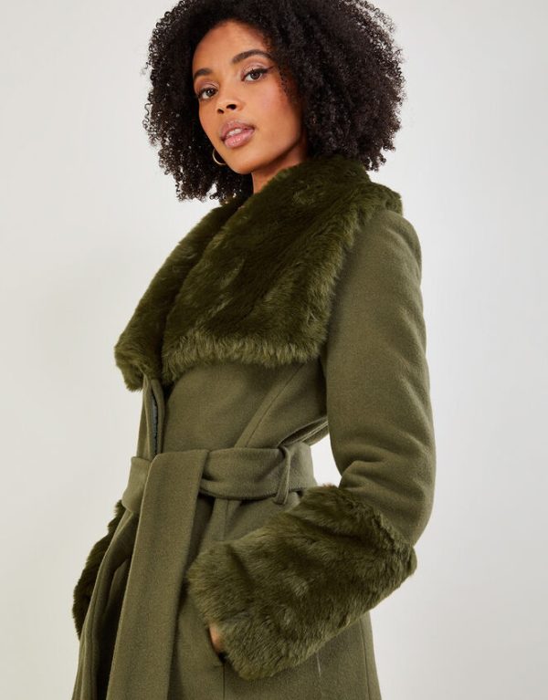 Monsoon Sadie Faux Fur Trim Wrap Coat Green - Image 2