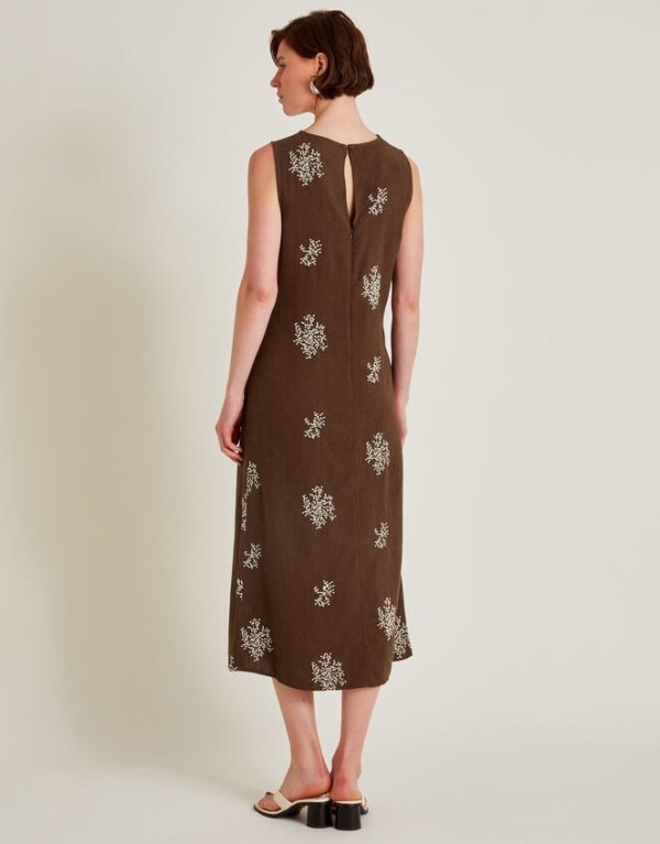 Monsoon Aria Embroidered Sleeveless Midi Dress Brown - Image 3