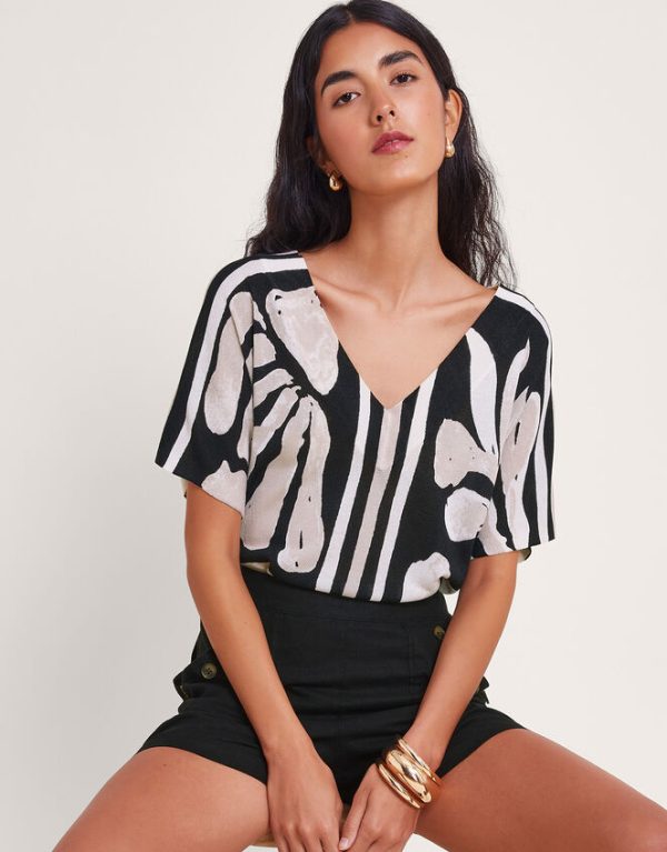 Monsoon Palm Print Knit Top Black - Image 2