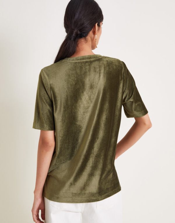 Monsoon Shay Rib Velour V-Neck T-Shirt Green - Image 3