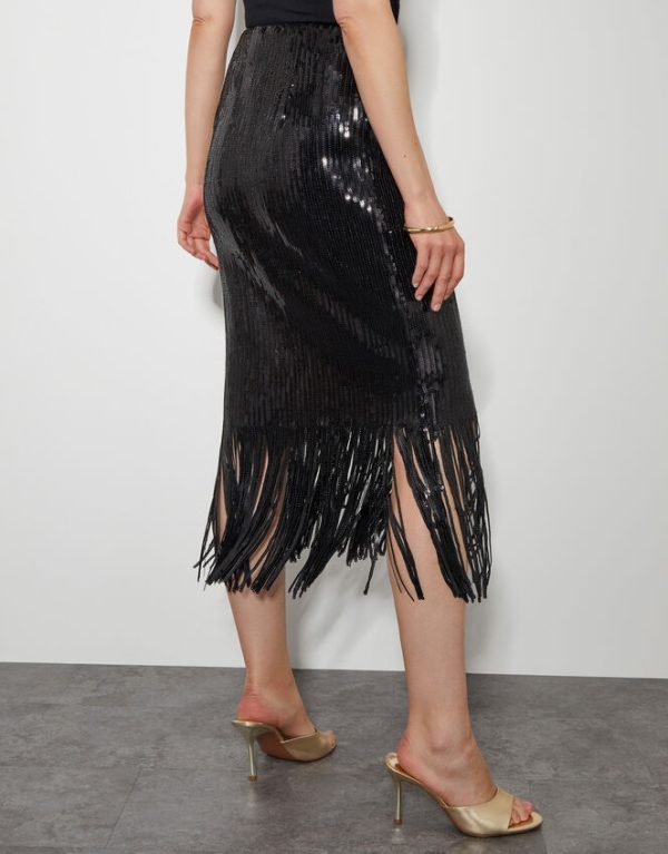 Monsoon Shay Sequin Tassel Pencil Skirt Black - Image 3