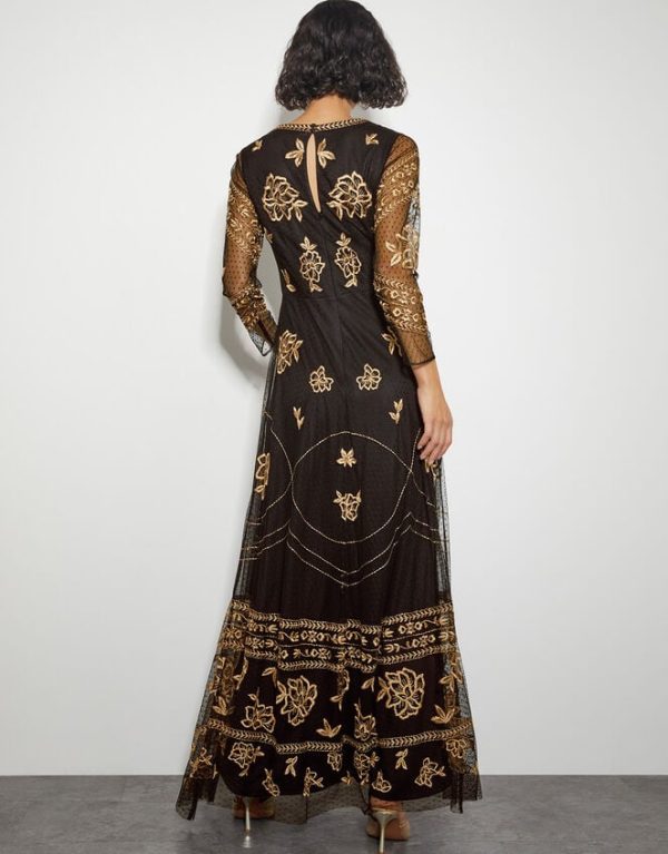 Monsoon Grace Embroidered Mesh Sleeve Maxi Dress Black - Image 3