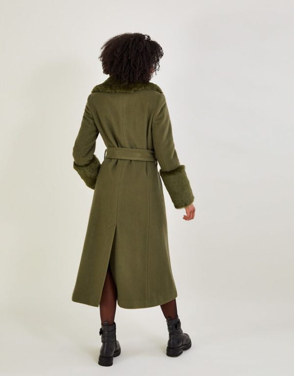 Monsoon Sadie Faux Fur Trim Wrap Coat Green - Image 3