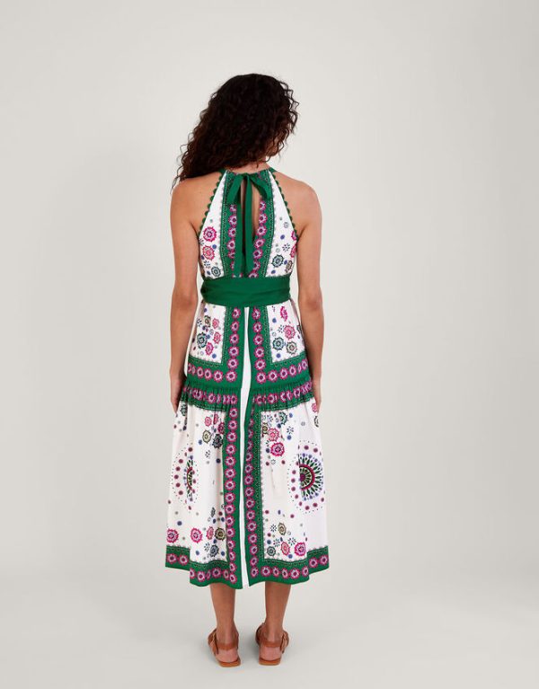 Monsoon Scarf Print Halter Midi Dress Green - Image 3