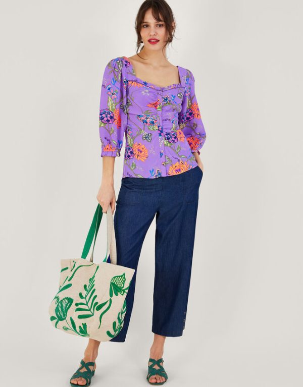 Monsoon Regina Print Puff Sleeve Top Purple - Image 2