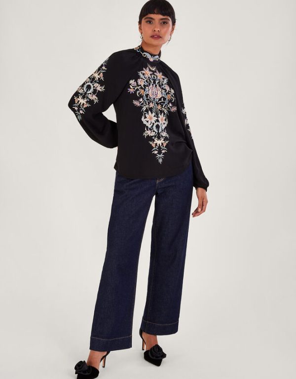 Monsoon Farah Floral Embroidered Blouse Black - Image 2