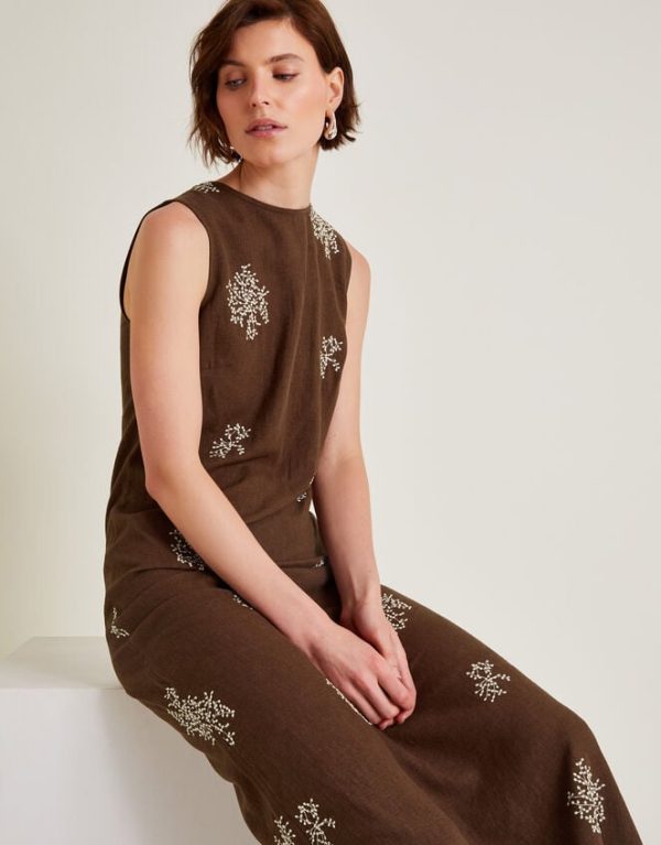 Monsoon Aria Embroidered Sleeveless Midi Dress Brown - Image 4