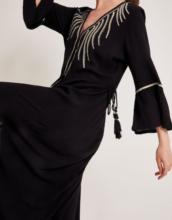 Monsoon Cali Embroidered Leaf Kaftan Dress Black - Image 5