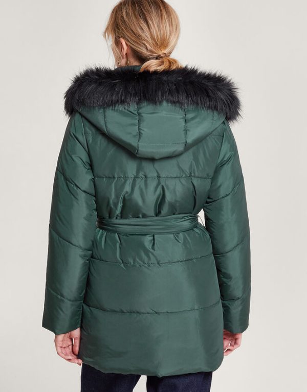 Monsoon Pauline Faux Fur Hood Puffer Coat Green - Image 3